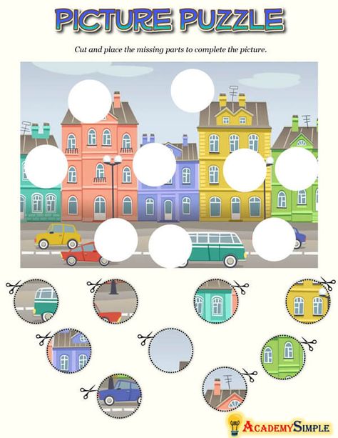 Puzzle For Kindergarten, Visual Puzzles, Teacch Activities, City Puzzle, Puzzle Piece Crafts, Puzzle Worksheet, Kids Puzzles, Picture Puzzle, Puzzle Games For Kids