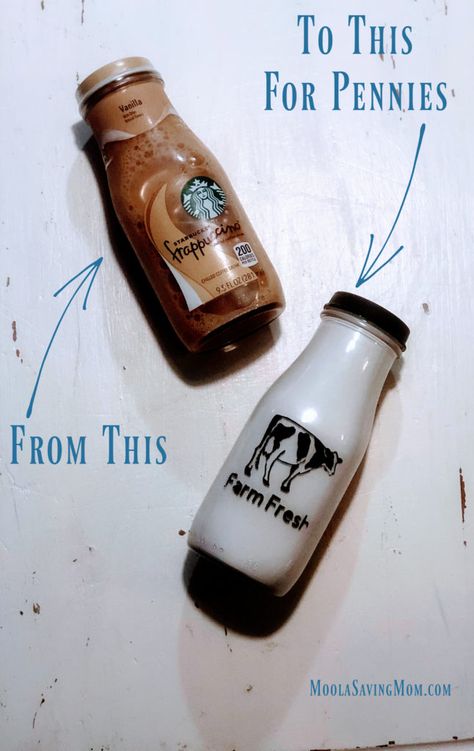 Starbucks Bottle Crafts Diy, Starbucks Frappuccino Bottles Crafts, Starbucks Glass Bottle Crafts, Starbucks Bottle Crafts, Starbucks Glass Bottles, Milk Bottle Diy, Starbucks Frappuccino Bottles, Cute Farmhouse Decor, Frappuccino Starbucks Secret Menu