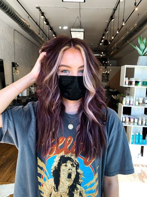 Eggplant Hair With Money Piece, Plum Hair Money Piece, Trendy Hair Fall 2023, Purple Brunette Hair Balayage, Cute Highlighted Hair Ideas, Maroon Hair Money Piece, Brown Blonde Burgundy Hair, Dark Plum Hair With Money Piece, Fall Hair Purple Brown