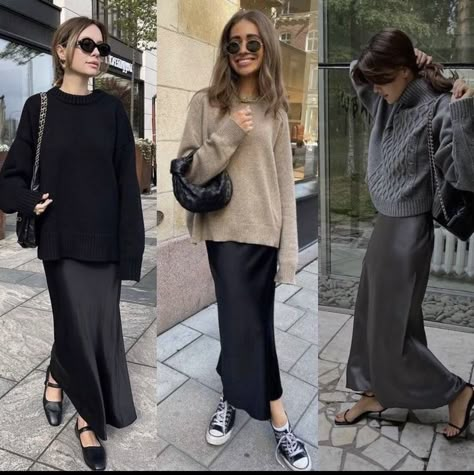 Silk Maxi Skirt Outfit, Autumn Outfit Women, Velvet Skirt Outfit, Winter Maxi Skirt Outfit, Black Maxi Skirt Outfit, Skirt Outfit Fall, Midlife Fashion, Rok Outfit, Polished Casual