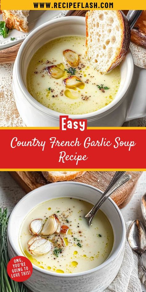 Elevate your soup game with this Country French Garlic Soup Recipe! Bursting with flavor, this creamy garlic soup is easy to prepare and perfect for any occasion. Enjoy a bowl of warmth and comfort, paired with your favorite bread for a delightful culinary experience that everyone will love! Cream Of Garlic Soup Recipe, Garlic Cream Soup, Golden Garlic Soup, Country French Garlic Soup, French Soup Recipes, Garlic Soup Recipe, Sage Chicken, French Diet, Cold Soup Recipes