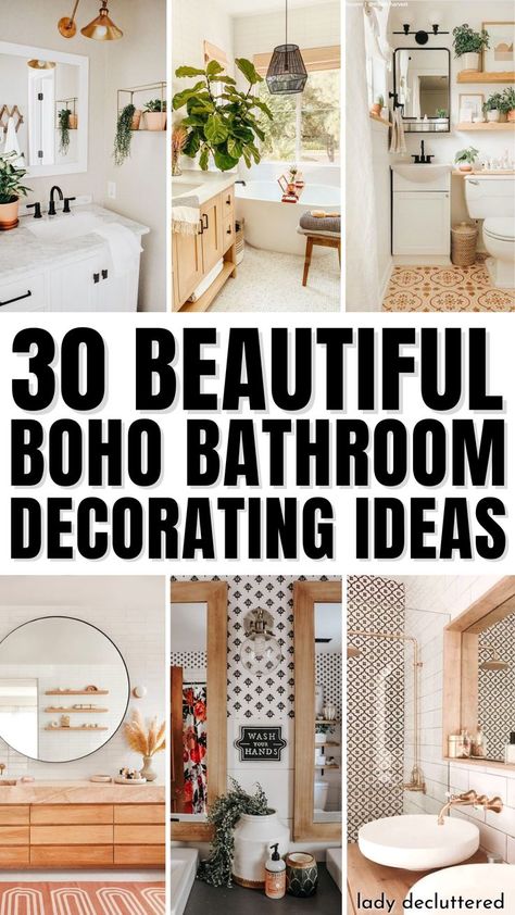 30 Beautiful Boho Bathroom Decorating Ideas Bathroom Cheap Decor, Pop Of Color In Bathroom, Boho Bathroom Decor Ideas On A Budget, Massage Room Ideas Decor Bohemian, Bathrooms With Plants Ideas, Garden Bathroom Decor, Bad Boho Style, Botanical Bathroom Decor, Women Bathroom Ideas