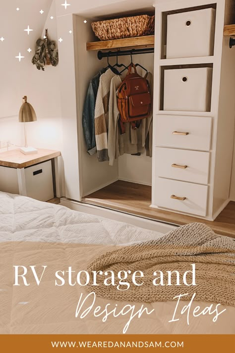 Captivate your RV space! here are a few RV bedroom closet ideas to inspire your next camper flip and to help you maximize you storage with ideas from this RV reno before and after video! use these RV design ideas for your next RV renovation and don't forget to follow along for all things tiny home living and RV life! Rv Closet Renovation, Trailer Closet Ideas, Rv Bedroom Cabinets, Rv Closet Bed, Trailer Closet Remodel, Camper Entryway Ideas, Rv Sliding Door Remodel, Rv Loft Storage Ideas, Camper Closet Remodel