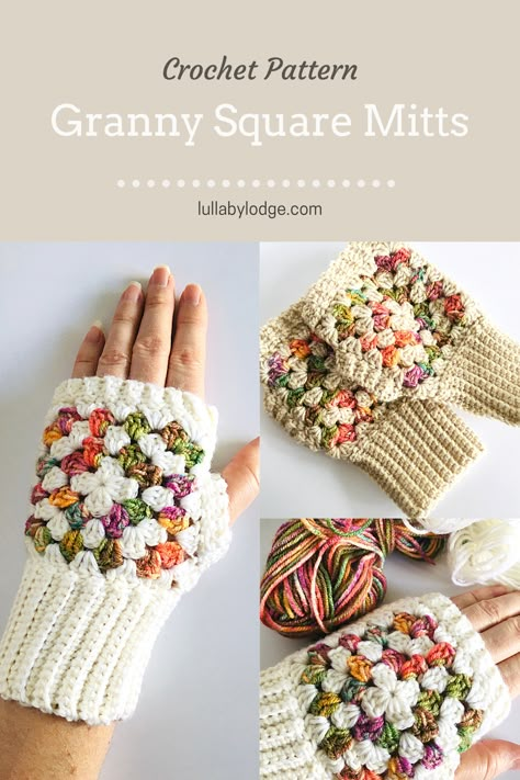 Wear your squares with this free fingerless gloves pattern by Lullaby Lodge. Make a great gift for any occasion... Crochet Mitts Fingerless, Granny Square Wrist Warmers Free Pattern, Crochet Gloves Granny Square, Free Crochet Wrist Warmer Pattern, Diy Crochet Fingerless Gloves, Granny Square Gloves Pattern, Free Christmas Granny Square Patterns, Granny Square Winter Hat, Fingerless Mitts Crochet Pattern Free