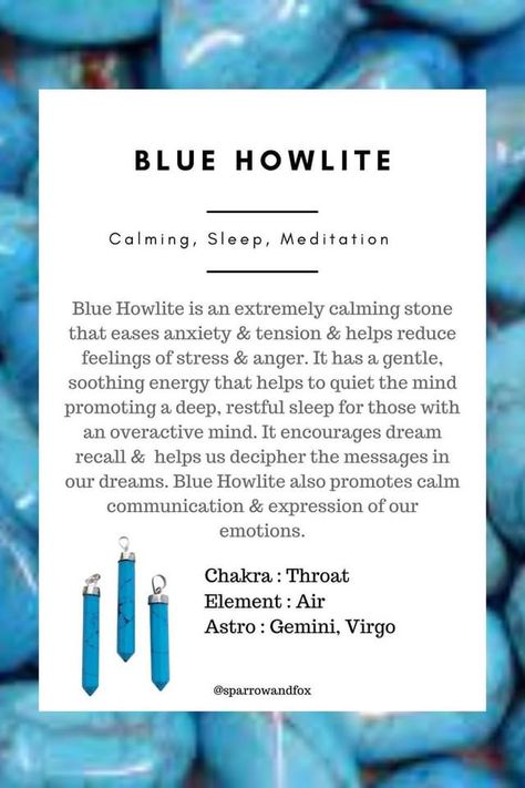 Turquoise Howlite Meaning, Blue Howlite Meaning, Blue Howlite Crystal Meaning, Crystals For Dream Recall, Howlite Meaning, Crystal Care, Turquoise Crystals, Crystal Witch, Crystal Healing Chart