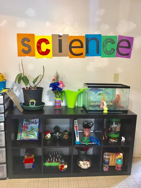 Science Center Wall Decor Preschool, Discovery Preschool Classroom, Preschool Cubby Decorating Ideas, Monissory Classroom, Daycare Science Center Ideas, Science Corner Kindergarten, Korean Preschool Classroom, Preschool Science Center Setup, Science Area Classroom