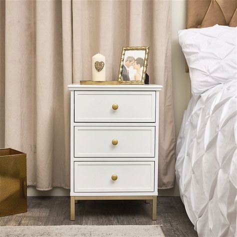 Three Drawer Bedside Table - Aisby White Range White Range, Gold Knobs, Drawer Bedside Table, White Bedside Table, Storage Furniture Bedroom, Furniture Bedside Table, Bedroom Décor, Large Drawers, Bedside Tables