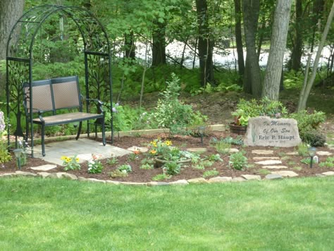 Our memorial garden for our son, featuring a custom made stone. Garden Memorial Ideas, Small Memorial Garden Ideas, Backyard Memorial, Memory Garden Ideas, Prayer Garden Ideas, Memorial Garden Ideas, Pet Cemetary, Garden Memorial, Memorial Gardens