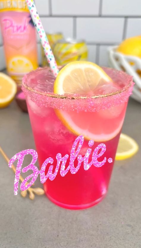 Spiked Pink Lemonade Barbie Drink Pink Barbie Mocktails, Barbie Pink Lemonade, Pink Lemonade With Glitter, Barbie Inspired Alcohol Drinks, Pink Pirate Drink, Pink Jungle Juice Recipe, Barbie Party Finger Foods, Barbie Shake Recipe, Kids Pink Drink