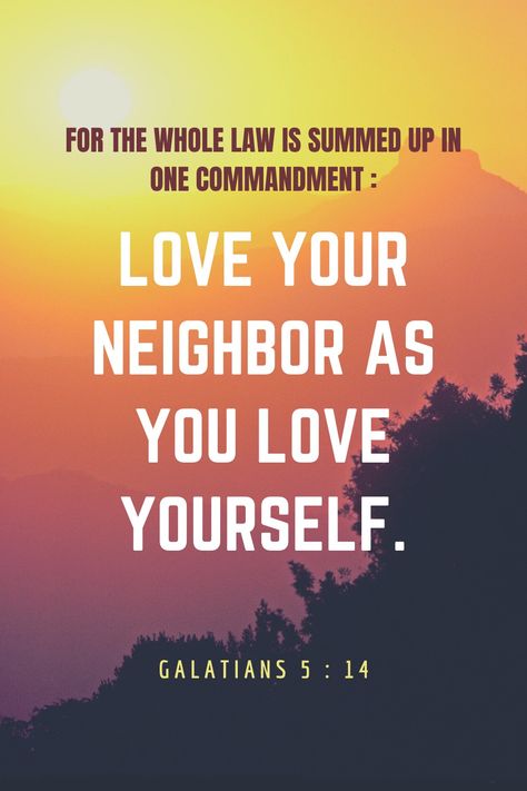 For the whole Law is summed up in one commandment: “Love your neighbour as you love yourself.” Book Of Galatians, Love Your Neighbour, Talk Quotes, Daily Verses, Daily Scripture, Daily Bible Verse, Sum Up, Real Talk Quotes, Scripture Verses