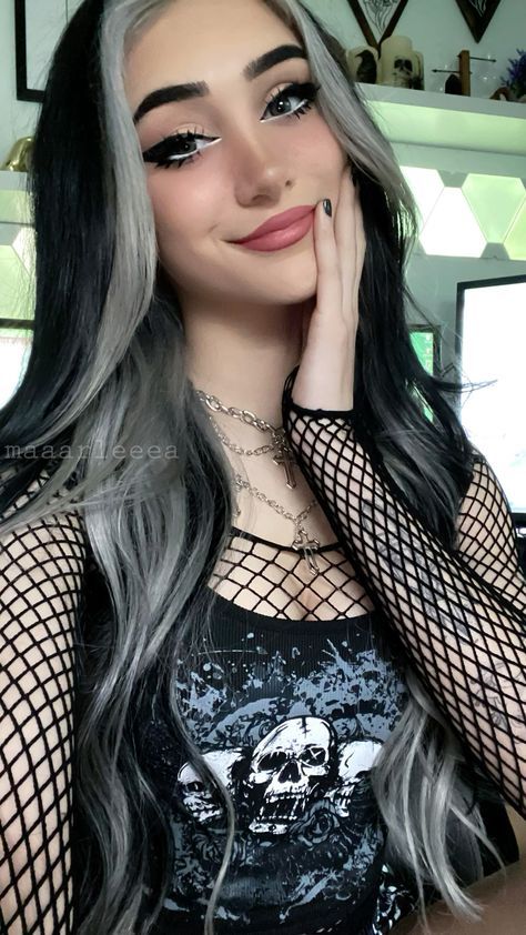 Hair Cookies, Black Hair With Silver Highlights, Black And Platinum Hair, Silver And Black Hair, White And Black Hair, Egirl Hair, Black And Silver Hair, Edgy Hair Color, Hair Halo