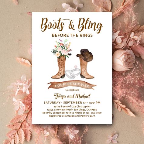 "Boots and Bling Cowboy Boots Couples Shower Invitation, Rustic Country Western Bridal Shower Invite BLUSH PINK floral flowers PRINTABLE EDITABLE DIGITAL TEMPLATE 171 💥 DEMO LINK - TRY BEFORE YOU BUY! 💥 Copy and paste this link into your web browser: https://www.corjl.com/d/58NFPC This is an editable invitation that YOU personalize and edit through Corjl.com What is CORJL? Our fully customizable template editor that allows you to personalize your invitation directly in your web browser or mobile device (text only). No software to install or fonts to download. 🚫Do not log in with Apple ID, as this will cause problems receiving the file/s. Use your current email address. ⭐ MATCHING ITEMS  https://etsy.me/3PB0pZN _ _ _ _ _ _ _ _ _ _ _ _ WHAT YOU GET ✔ 5x7\" Digital template - Final design Bling Cowboy Boots, Couples Shower Themes, Cowgirl Bridal Shower, Couples Bridal Shower Invitations, Western Bridal Showers, Couples Shower Invitation, Western Engagement, Country Bridal Shower, Wedding Shower Themes