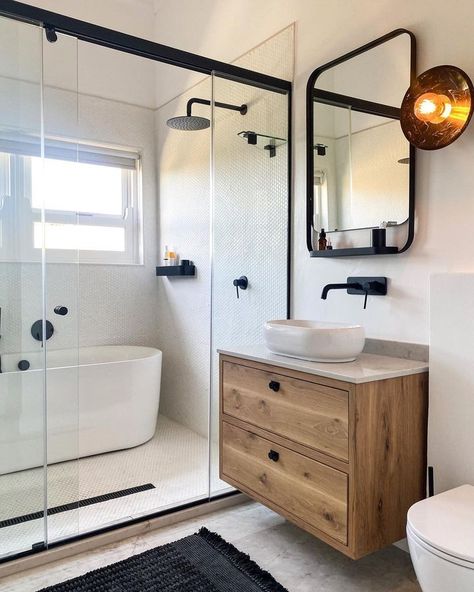 Douglas & Douglas (@douglas_and_douglas) • Instagram photos and videos Shower And Tub Combo, Walk In Shower With Tub, Tub Shower Combo Remodel, Soaking Tub Shower Combo, Cottage Showers, Glam Bathroom Decor, Wet Room Bathroom, Black Tub, Glam Bathroom