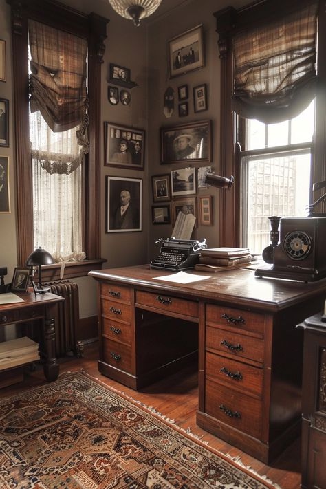 Vintage Office Ideas, Vintage Office Design, 1920s Office, Typewriter Aesthetic, Victorian Writing Desk, Antique Wooden Desk, Dark Academia Interior, Dark Academia Room, Academia Room