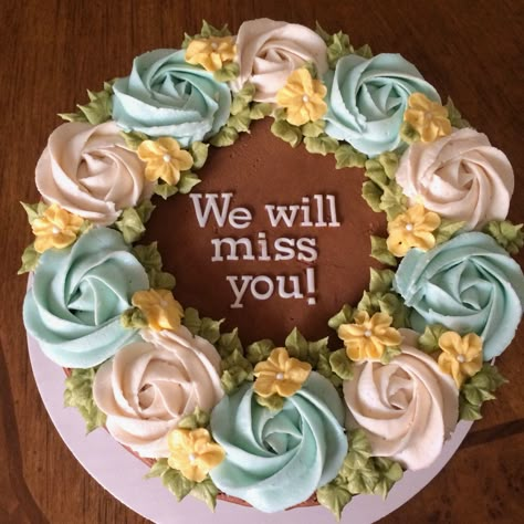 Quick and easy chocolate buttercream farewell/ going away cake for a coworker. Prepared rosettes (Wilton 1m tip) in advance and stored them in the freezer (made them easier to add to cake). Added leaves to fill in gaps (Wilton 352 tip). Letters made from FMM tappits. Send Off Cake Ideas, Leaving Cake Ideas, Cake For Coworker Leaving, Leaving Cake, Leaving Work Cake, Good Bye Cakes Coworker, Cakes For Coworkers Leaving, Fairwell Cake Ideas, Farewell Cupcakes