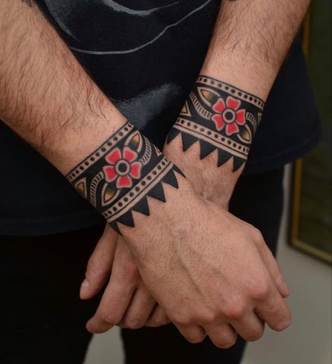 Traditional Cuff Tattoo, Traditional Tattoo Band, American Traditional Elbow Tattoo, Traditional Tattoo Wrist, Tattoo Cuff, Trad Sleeve, Traditional Compass Tattoo, Wrist Band Tattoo, Cuff Tattoo