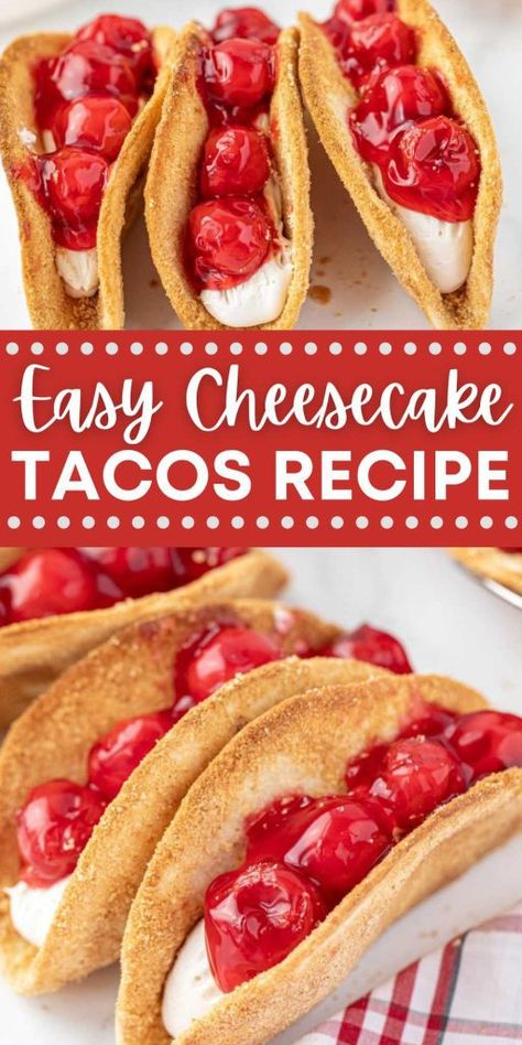 Taco Cheesecake, Strawberry Cheesecake Tacos, Cheesecake Tacos, Cheesecake Strawberries, Mini Lemon Cheesecakes, Mini Strawberry Cheesecake, Dessert Taco, Mexican Treats, Pudding Flavors