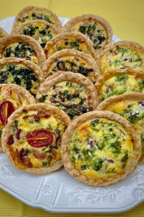 Breakfast Tarts Egg, Quiche Tart Recipes, Quiche For A Crowd Brunch, Spinach Tarts Mini, Breakfast Quiche Recipes Easy Brunch Ideas, Mini Mushroom Quiche, Quiche Charcuterie Board, Frozen Tart Shell Recipes, Breakfast Tarts Recipe