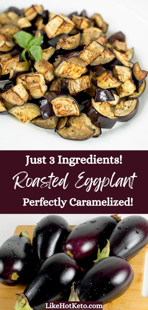 Roasted, golden brown eggplant cubes and purple globe eggplants on a cutting board. How To Cook Eggplant In Oven, How To Cook Eggplant On The Stove, Crispy Eggplant Recipes, How To Make Eggplant, How To Roast Eggplant, Eggplant Health Benefits, Pku Recipes, Ways To Cook Eggplant, Best Eggplant Recipe