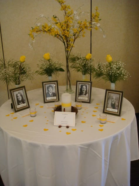 Memorial table for our classmates who passed away...high school picture of each with a small card which told about their life after high school. 10 Year Class Reunion, Family Reunion Centerpieces, High School Reunion Planning, 20 Year Class Reunion, 30 Year Reunion, Highschool Reunion, School Reunion Decorations, High School Reunion Ideas, School Reunion Ideas