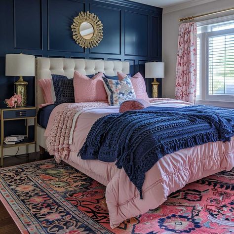 Vibrant Room Transformations Using Pink and Navy Color Schemes • 333+ Art Images Blue White Pink Bedroom, Off Centered Bed Wall Decor, Navy Pink And Gold Bedroom, Girl Bedroom Color Schemes, Blue And Pink Girls Bedroom, Pink Navy Bedroom, Navy Pink Bedroom, Dark Blue And Pink Bedroom, Blue And Pink Bedroom For Adults