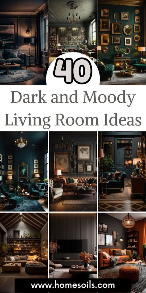 Embrace elegance with these 40 dark and moody living room ideas! Rich colors, dramatic lighting, and luxurious textures come together to create a cozy, intimate space that's both stylish and inviting. Perfect for adding a touch of sophistication to your home. Black And Green Lounge Room, Moody Living Room Chesterfield, Dark Great Room Walls, Dark Wall Lounge Room, Earthy Victorian Living Room, Moody Navy Blue Living Room, Dark And Moody Reading Room, Dark Den Room Ideas, Black And Jewel Tone Living Room