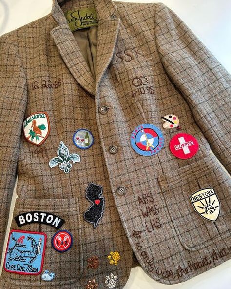 Cara Brown on Instagram: "For the beautiful @suesartor to wear with her gorgeous dresses (of which I am a big fan!). Let us create your story … LifeJacket ®️ DM for details" Patches On Blazer, Patch On Clothes, Clothing With Patches, Blazer With Patches, Diy Patch Jacket, Patch Jacket Outfit, Jean Jacket Patches Ideas, Big Jackets, Patches Ideas