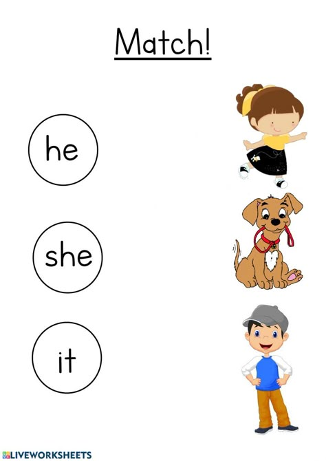 He, She, It - Interactive worksheet He She It Worksheet, Learn English Kid, English Grammar For Kids, Worksheet For Kindergarten, English Worksheets For Kindergarten, Grammar For Kids, Kindergarten Reading Activities, Kindergarten Reading Worksheets, English Activities For Kids