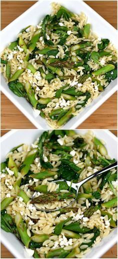 Lemon Orzo Salad with Asparagus, Spinach, and Feta on http://twopeasandtheirpod.com Love this fresh and healthy salad! Orzo Salad With Asparagus, Orzo Asparagus, Asparagus Orzo, Orzo Salat, Lemon Spinach, Salad With Asparagus, Spinach Orzo, Lemon Orzo Salad, Tofu Feta