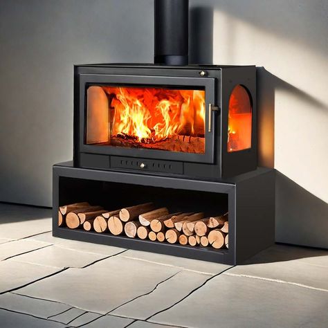 Large Wood Burning Stove, Large Wood Stove, Living Room Heater, Indoor Wood Stove, Wood Burning Stove Insert, Store Firewood, Wood Stove Ideas, Cottage Addition, Woodburning Stove Fireplace