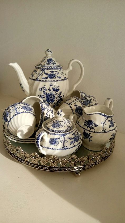 Porcelain Tea Set Aesthetic, Vintage Porcelain Tea Set, Blue China Tea Set, Rustic Tea Set, Tea Set Aesthetic, Blue Crockery, English Tea Set, Antique Tea Cups, Blue White Decor