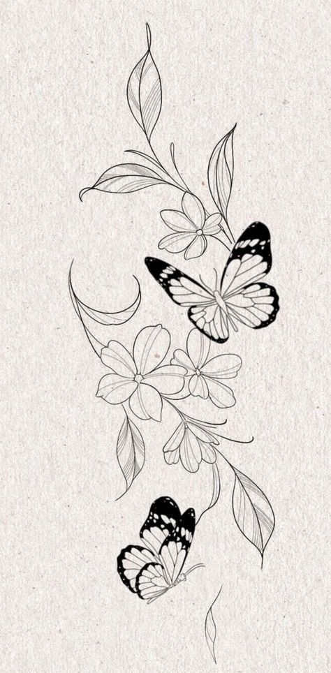 Flower Sketches Tattoo, Butterfly With Wild Flowers Tattoo, Butterfly With Leaves Tattoo, Tattoo Stencil Outline Butterfly, Butterfly Leaf Tattoo, Butterfly Vine Tattoo For Women, Tropical Leaves Tattoo Design, Flower Tattoo Designs Arm, Wrist Tattoos For Women Stencil