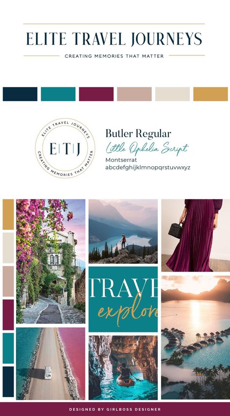 Bright, bold travel branding in Jewel Tones and Gold Branding for Family and Adventure Travel Planners, Elite Travel Journeys. A luxurious, color palette and moodboard, new fonts, and an updated logo all work together for this travel reband and website design! Travel branding and web design, by Girlboss Designer. #travelbranding #traveldesign #travelwebsitedesign #travelbusinessbranding  #luxurytravel #goldbranding #jeweltones #girlbossdesigner Bold Website Color Palette, Luxury Website Color Palette, Web Color Palette Website, Color Palette Travel, Jewel Tones Branding, Travel Brand Color Palette, Jewel Tone Website Design, Luxury Travel Color Palette, Jewel Tone Branding Board