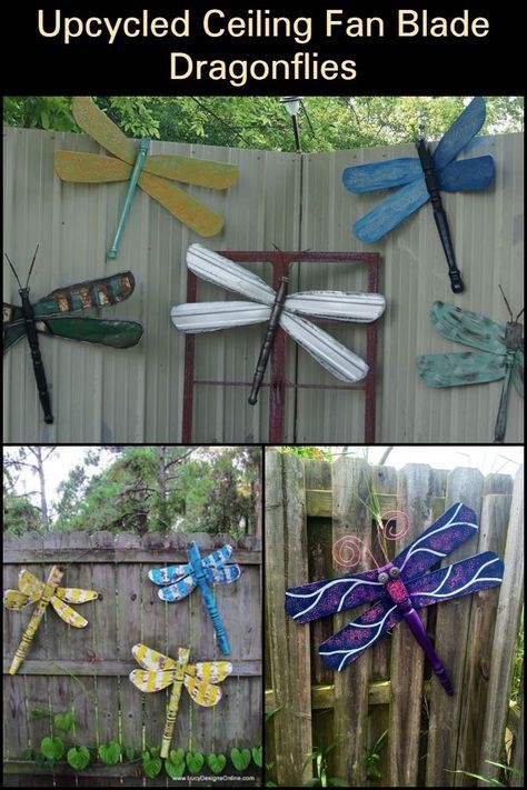 This Upcycled Ceiling Fan Dragonfly in Your Yard is Sure to Make Passers-by Take a Second Look Ceiling Fan Dragonfly, Upcycled Ceiling Fan, Fan Blade Dragonfly, Ceiling Fan Crafts, Fan Blade Art, Ceiling Fan Art, Dragonfly Yard Art, Shabby Chic Diy Projects, Dragon Fly Craft