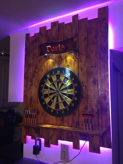 Dartboard backboard with backlight and Darts sign Home Bar Designs Man Caves, Dartboard Backboard, Dart Board Backboard, Dart Board Wall, Bar Deco, Cave Room, Ultimate Man Cave, Man Cave Room, Budget Interior Design