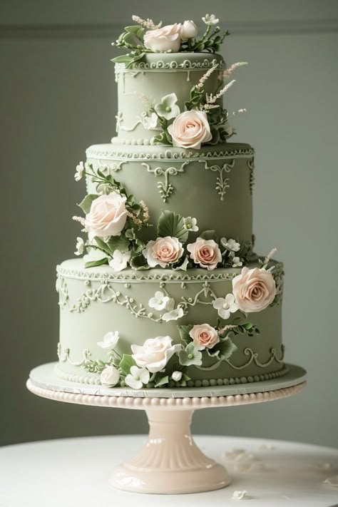 Wedding Cakes Olive Green, Pastel Green Wedding Cake, French Style Wedding Cake, Wedding Cake White With Flowers, Lace Wedding Cake Vintage, Wedding Cake Inspiration Elegant, Floral Wedding Cakes Vintage, English Garden Wedding Cake, Wedding Cake Vintage Elegant