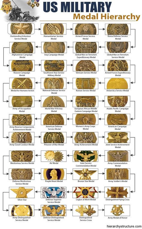 military medals - Google Search Hierarchy Chart, Us Military Medals, Army Medals, Military Awards, Army Ranks, Military Ranks, Military Patches, Military Orders, Military Insignia