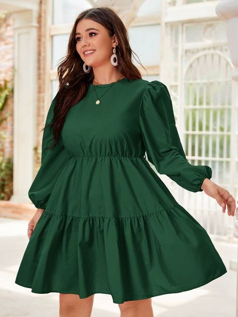 Dark Green Casual Long Sleeve Polyester Plain A Line Embellished Non-Stretch Spring/Fall Plus Size Dresses Elegant Dresses Classy Classic Style, Free Dresses For Women, Casual Chic Dress Classy, Cool Dresses Casual, Simple Dresses Casual, Stretch Fabric Dress, Corporate Gowns, Plus Size Spring Dresses, Dress For Plus Size Women