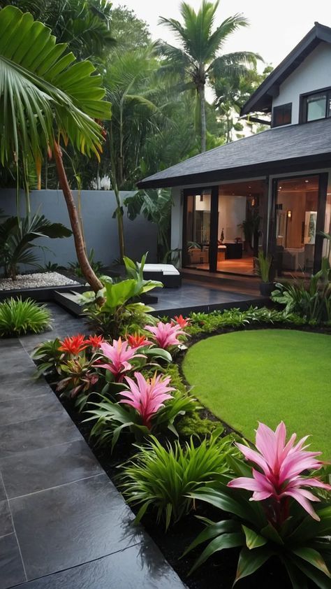 Tropical Backyard Bliss: 15 Landscaping Ideas for Your Oasis - Cheerful Talks Tropical Backyard Landscaping, Tropical Landscape Design, Florida Landscaping, Tropical Garden Design, Front Garden Landscape, Tropical Backyard, Backyard Paradise, Concrete Stone, Gardens Design