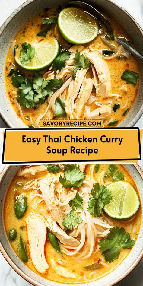 Elevate your soup game with Easy Thai Chicken Curry Soup! With its creamy texture and bold flavors, this recipe brings a taste of Thailand to your kitchen. Quick to whip up, it's perfect for any occasion. Enjoy a comforting bowl of this delightful soup today! Dinner Using Rotisserie Chicken, Chicken Curry Soup Recipe, Soup With Rice Noodles, Thai Chicken Curry Soup, Coconut Curry Chicken Soup, Thai Coconut Curry Chicken, Easy Thai Chicken, Thai Soup Recipes, Thai Curry Soup