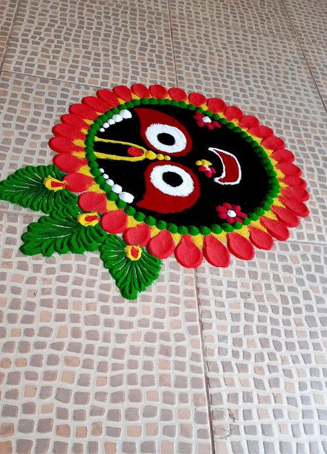 Jagannath Rangoli Design, Jagannath Rangoli, Finger Tricks, Jagannath Ji, Puja Decoration, Diya Decoration Ideas, Poster Rangoli, Jai Jagannath, Diya Decoration