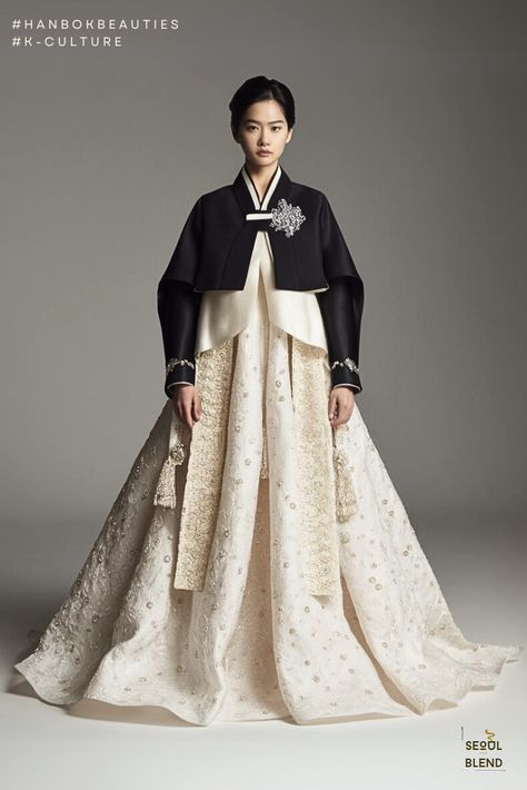 Hanbok Re-imagine: Black-and-White Couture Korean Clothes Traditional, Historical Korean Clothing, Hanbok Inspired Fashion, White Hanbok, Black Hanbok, Modernized Hanbok, Hanbok Design, Hanbok Fashion, White Couture