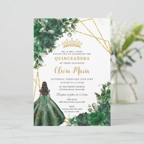 Emerald Green Flowers, Invitations Quinceanera, Quince Invitations, Sage Green Floral, Sixteenth Birthday, Sweet 16 Invitations, 18th Birthday Party, Quinceanera Invitations, Pretty Roses