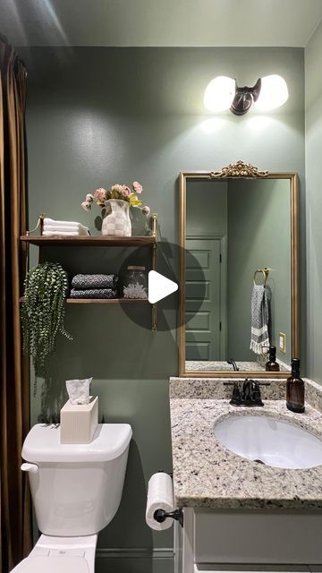 Alicia Fawn Treasure on Instagram: "Color drench bathroom makeover: THE REVEAL!!  After waiting, for what seemed like forever, my custom velvet curtain was delivered and I could finally finish up this bathroom!! The color drenched room and the dramatic long curtains make this bathroom feel so tall! It’s insane 🤯   Stay tuned for another reel coming soon with all the details on how I installed this custom curtain and turned it into a shower curtain!  Comment “BATHROOM” for all the shopping links for this makeover!   Paint color: dried thyme by Sherwin Williams - I did satin all over.   #sherwinwilliams #sherwinwilliamspaint #bathroomdesign #diybathroom #colordrench #ceilingdesign #paint #diyhome #homeimprovement #custombathroom #custombathrooms #greenpaint" Redo Bathroom, Water Room, Remodel Mobile Home, Fawn Design, Coat Of Many Colors, Golden Moments, Dried Thyme, Long Curtains, House Color Schemes