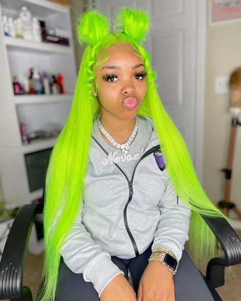 Neon Green Hair, Teen Hair, Wigs Ideas, Sleek Braided Ponytail, Two Buns, Glamour Hair, Frontal Wig Hairstyles, Creative Hair Color, Green Wig