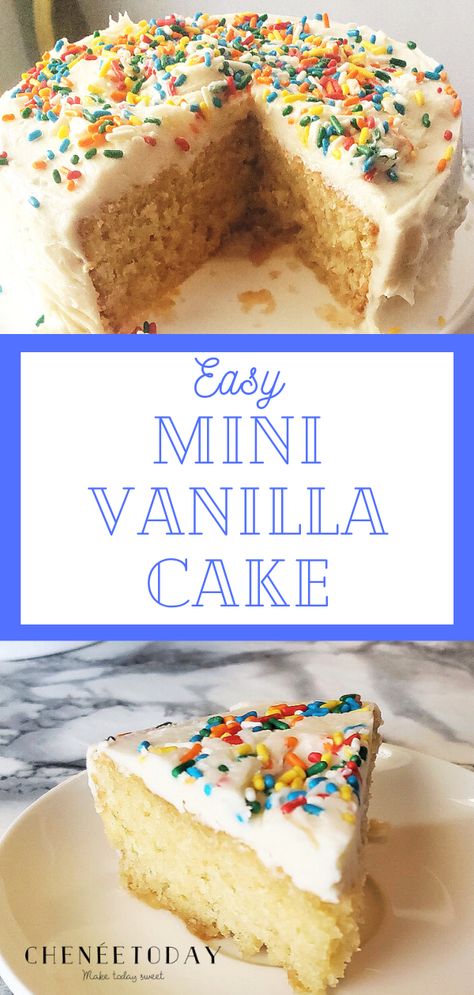 Simple easy recipe for a homemade small batch vanilla cake from scratch! How to make a moist mini vanilla cake in a 6 inch pan for a quick dessert for two or three people! Mini Birthday Cake For Him Easy, Healthy Mini Cake Recipes, Small Batch Birthday Cake, How To Bake Vanilla Cake, Mini Cake Recipe Vanilla, Vanilla Cake For Two, Simple Cakes To Make At Home, Vanilla Mini Cake, Small Vanilla Cake Recipe For Two