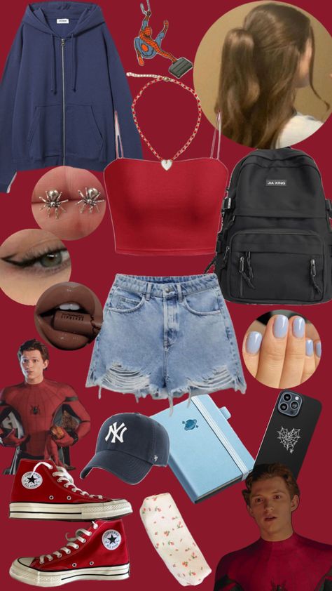 ❤️💙❤️ #series #outfitinspo #makeup #fashion #marvel #red #blue #spiderman #peterparker Spider Man Inspo Outfit, Spiderman Fit Aesthetic, Spiderman Inspired Outfit Aesthetic, Spiderman Outfit Women, Spider Man Inspired Fits, Spiderman Disneybound, Spider Man Based Outfits, Spider Man Outfits Ideas, Spiderman Inspired Outfit