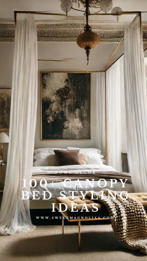 Who says canopy beds are only for the past? This sleek design blends modern luxury with timeless elegance. Perfect for urban spaces and chic interiors. ✨ #ModernDecor #CanopyBeds #Bedroom Canopy Bed Wall Decor, West Elm Canopy Bed, Canopy Bed Ideas For Adults Farmhouse, Gold Canopy Bed Decorating Ideas, Curtain Rod Canopy Bed, Built In Canopy Bed, King Size Canopy Bed With Curtains, Wrought Iron Bed Decor, Half Canopy Over Bed