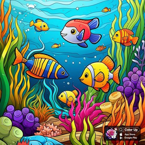 People With Animals, Underwater Cartoon, Underwater Wallpaper, Coral Reef Fish, Abstract Coloring Pages, Saree Painting, Reef Fish, School Wall Art, Spring Coloring Pages