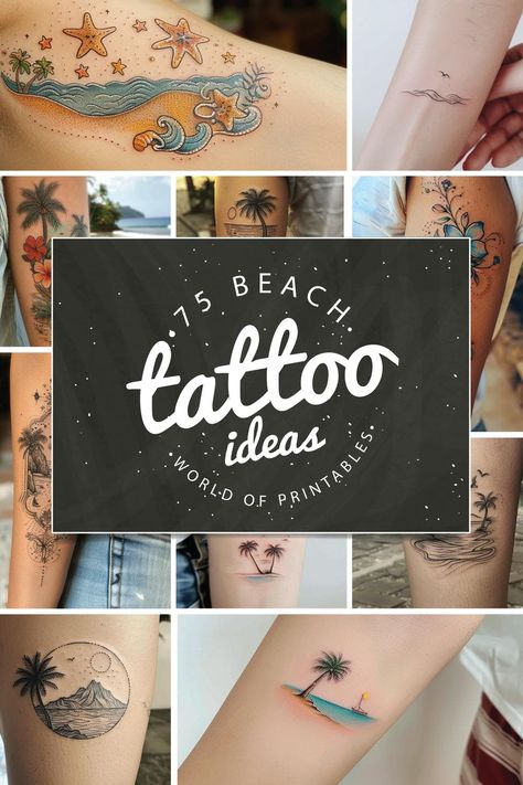 Beach Tattoo Designs - 75 Printable Designs & Ideas - World of Printables Beach Tattoos Minimalist, Beachy Best Friend Tattoos, Forearm Palm Tree Tattoo, Cute Beach Tattoos Simple, Sea Themed Matching Tattoos, Couple Beach Tattoo Ideas, Dainty Beach Tattoos For Women, Matching Beach Tattoos Best Friends, Small Ocean Tattoos For Women